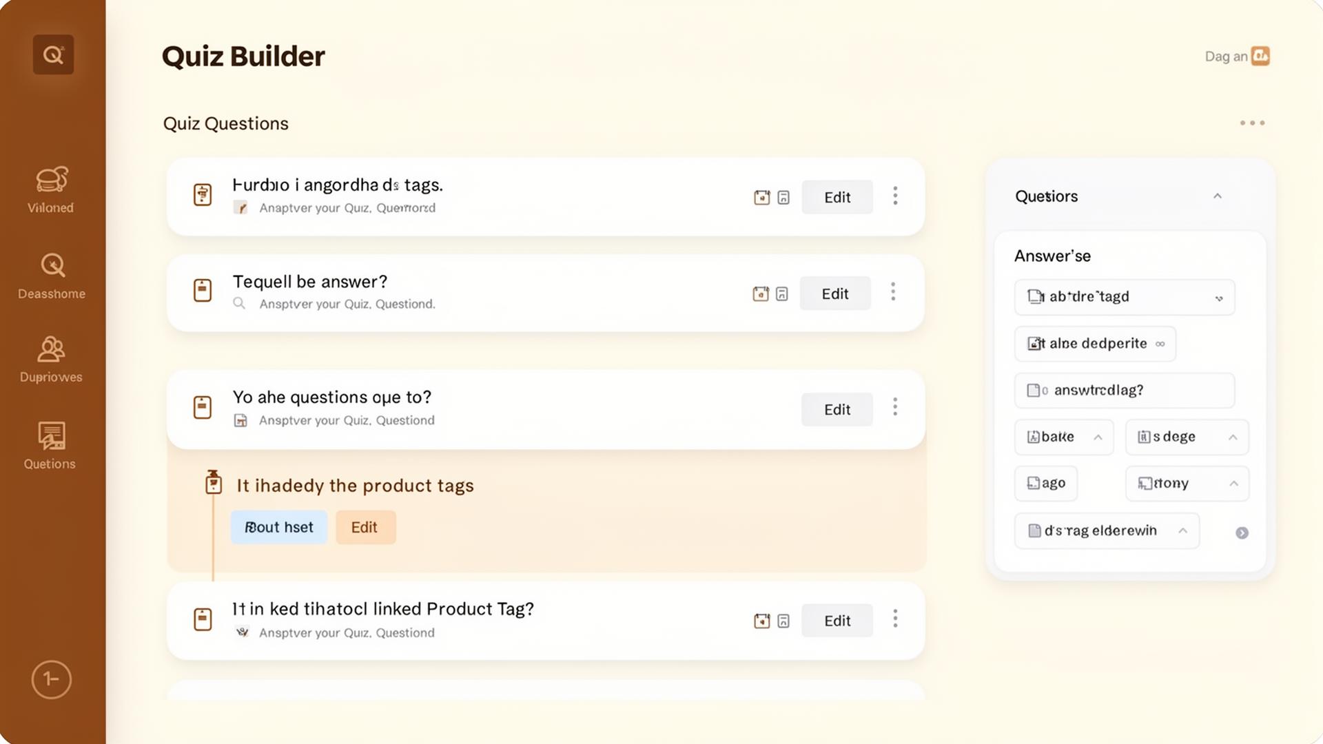 Brewselect dashboard met drag-and-drop quiz builder, vraagbeheer en analytics