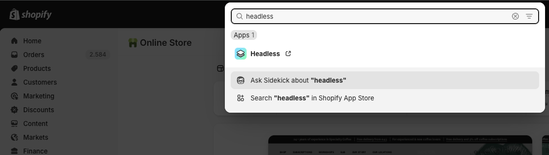 Stap 1: Zoek op 'Headless' in Shopify