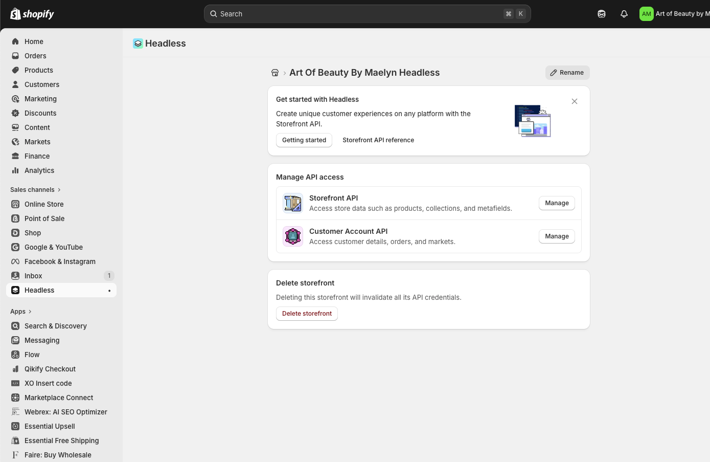 Stap 3: Open de Headless app & klik op 'Manage' bij Storefront API